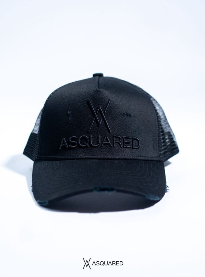 ASQUARED Classic Trucker Hat (All Black Distressed)